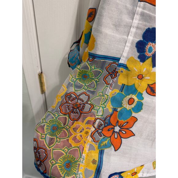 Multiples Patchwork Floral Button Front Top Medium Sheer Panels Roll Tab Sleeve - Picture 7 of 11